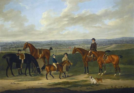 Joining The Elders, A Bay Pony Led By A Groom With A Boy In Racing Silks Up, Together With Four Horses And Two Riders, One Up, A Racecourse Beyond Artwork by John Nost Sartorius