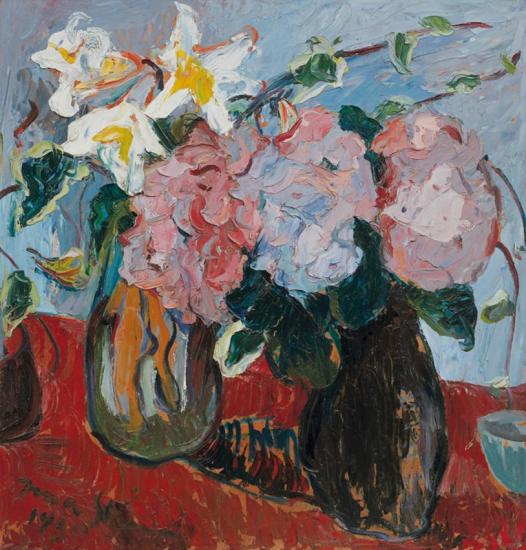 Hydrangeas And St Joseph Lilies In The Artist's Handmade Ceramic Jug, 1950 Artwork by Irma Stern