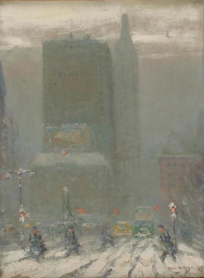 New York Snow Scene With Figures Crossing The Street Artwork by Johann Berthelsen