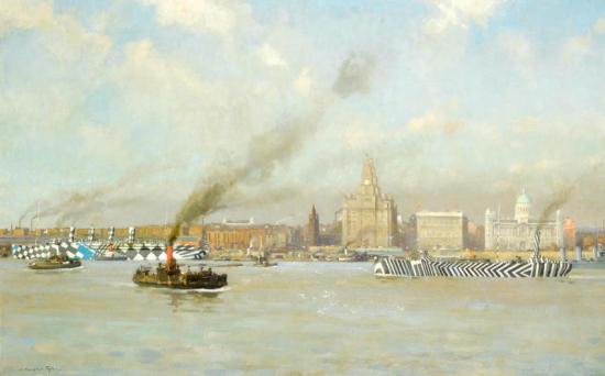 Dazzle-painted Ships, Including Aquitania, In The Mersey Off The Liverpool Waterfront Artwork by Leonard Campbell Taylor