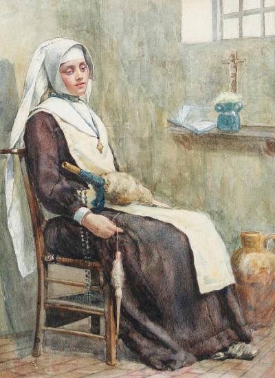 A Nun Winding Wool Artwork by Walter Langley, R. I.
