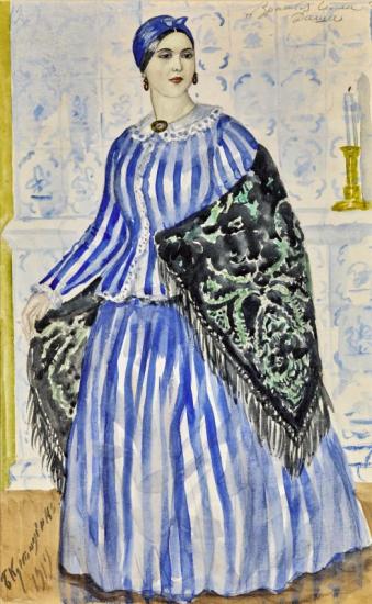 Costume Design For Dasha, The Merchant's Wife, 1919 Artwork by Boris Mikhailovich Kustodiev