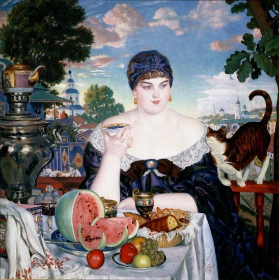 Merchant's Wife At Tea, 1918 Artwork by Boris Mikhailovich Kustodiev