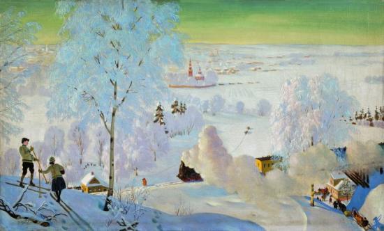 Skiers, 1919 Artwork by Boris Mikhailovich Kustodiev