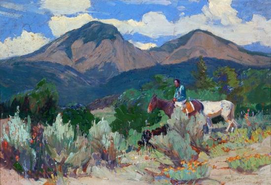 Indian And Taos Mountain Artwork by Oscar Berninghaus