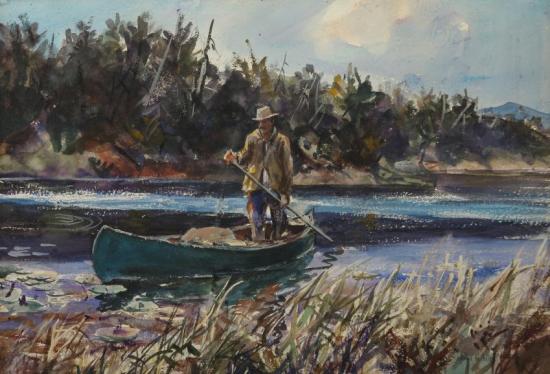 Man Standing In Canoe Artwork by John Whorf