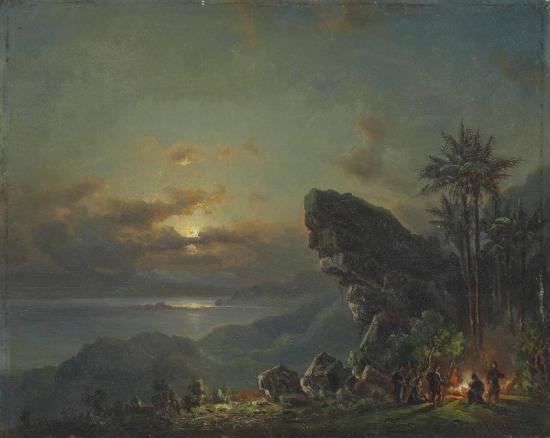 Sunset On The Venezuelan Coast With A Hunting Party Around A Fire, 1867 Artwork by Fritz Sigfried George Melbye