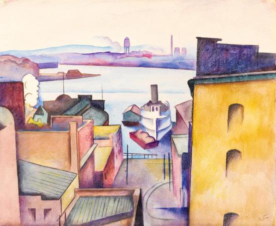 City View With Harbor, 1918 Artwork by Thomas Hart Benton