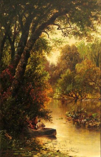 A Hunter And His Dog On A Quiet River With Deer In The Distance, 1889 Artwork by Granville Perkins