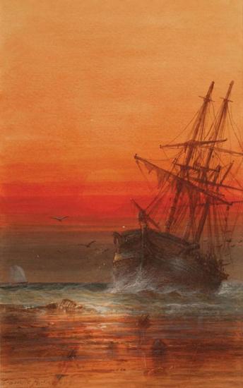 Tropical Sunset With Palm Trees, Anchored Sailing Ship At Sunset Artwork by Granville Perkins