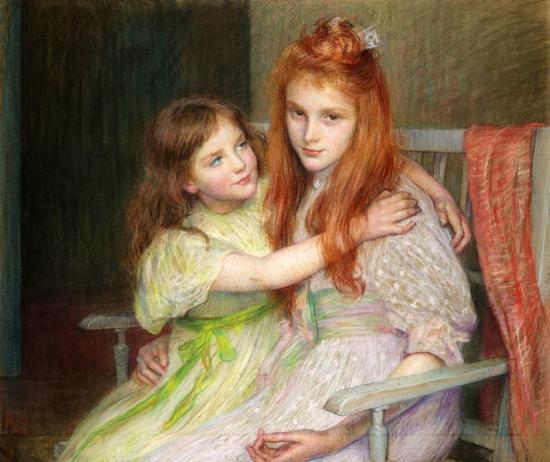 Two Young Girls Sitting On A Banquette, 1896 Artwork by Marie Louise Catherine Breslau