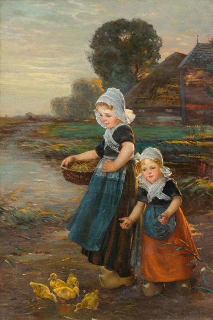 Children Feeding Ducks Artwork by Edmond Louyot