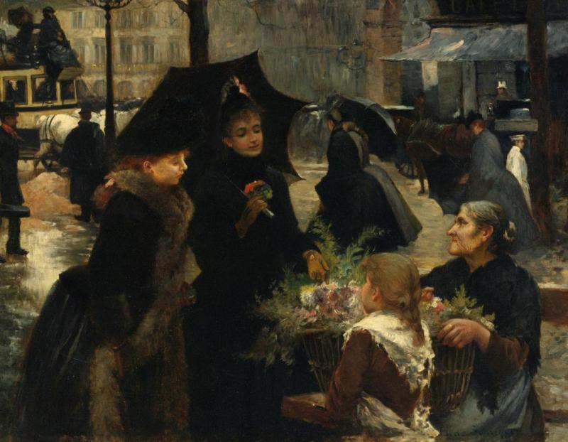 Rainy Day, Flower Seller Artwork by Louis Marie De Schryver