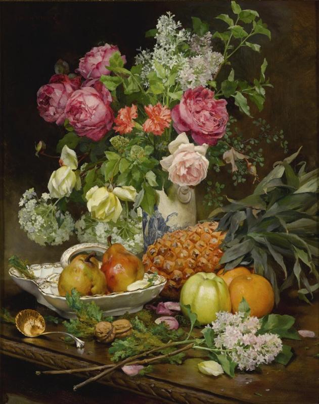 Still Life With Flowers And Pineapple, 1890 Artwork by Louis Marie De Schryver