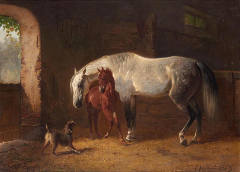 A Grey And Foal With A Dog In A Stable, 1863 Artwork by Emil Volkers