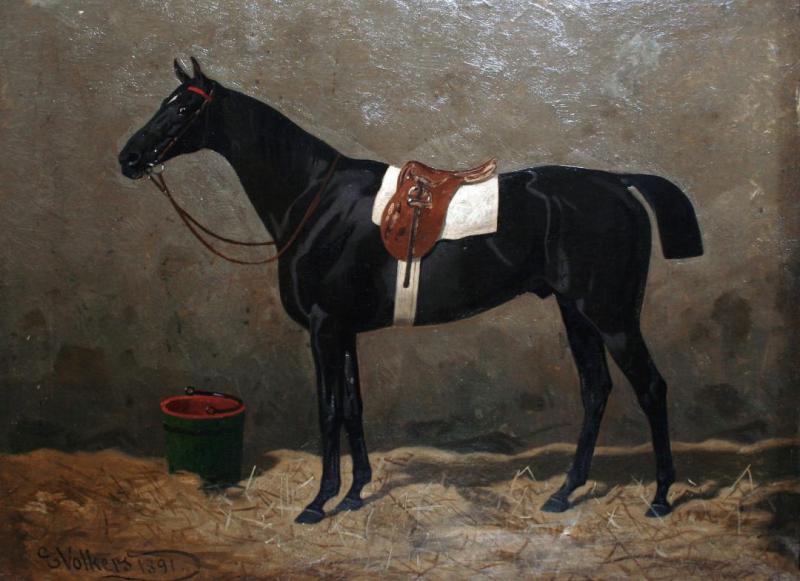 A Saddled Racehorse In A Stable, 1891 Artwork by Emil Volkers