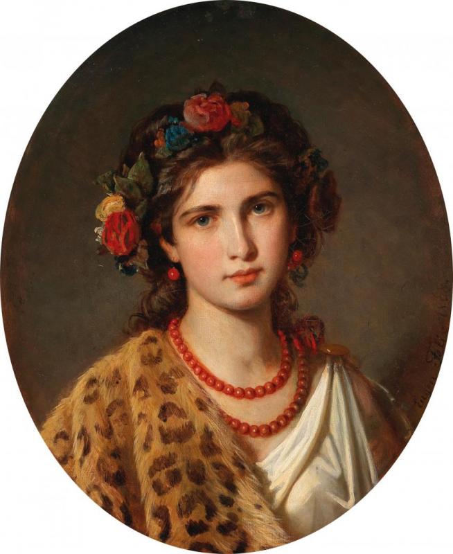 Portrait Of A Girl With Wreath Of Roses In Her Hair And Leopard Skin, 1868 Artwork by Eugen Felix