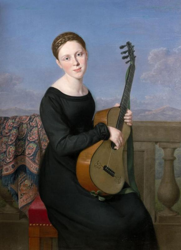 Young Woman In The Black Dress, Playing The Guitar Artwork by Adèle Romany
