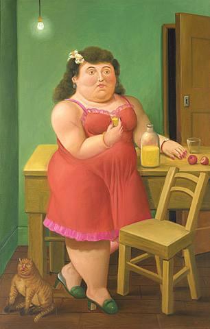 Woman Drinking With A Cat Artwork by Fernando Botero