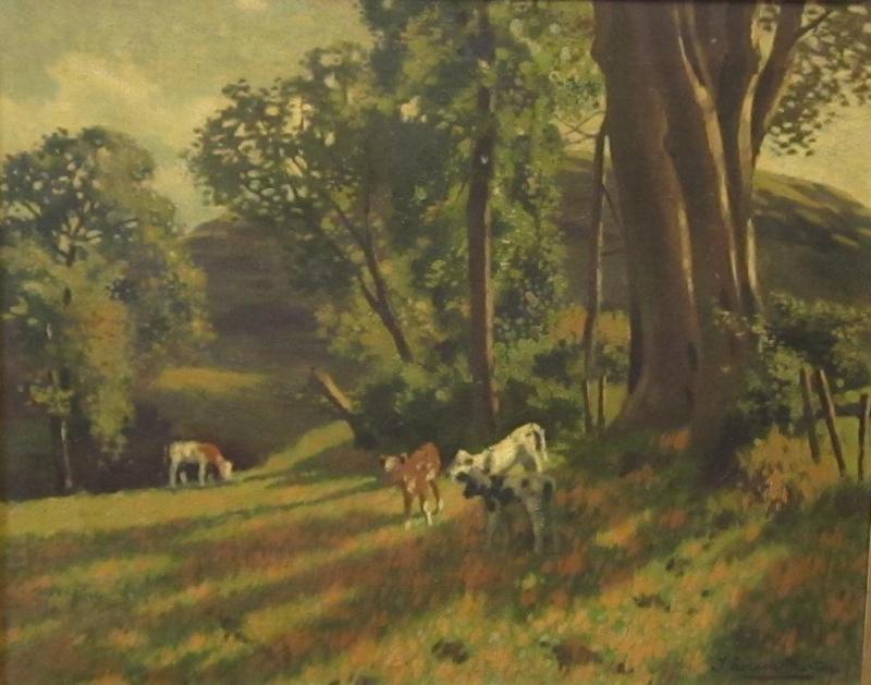 Calves Grazing In A Sunny Wooded Landscape Artwork by Thomas Corsan Morton