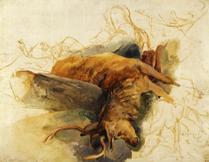 A Dead Stag, With Sketched Figures Of A Ghillie And Hounds Artwork by Edwin Henry Landseer