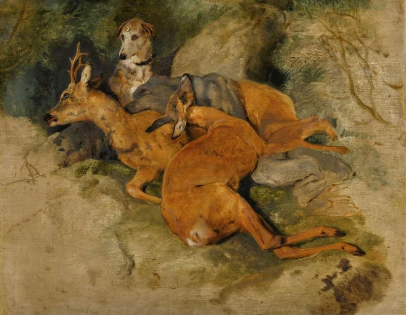 A Deerhound With Two Dead Roe Deer Artwork by Edwin Henry Landseer