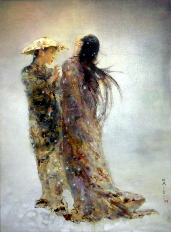 Two Woman In Snow Artwork by Hu Jun Di