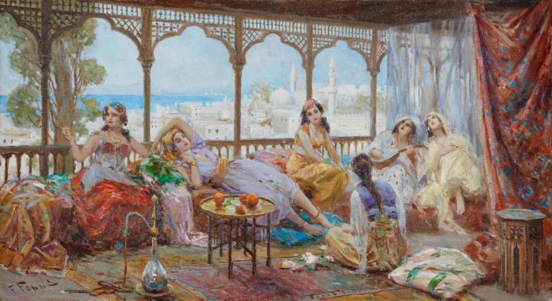 Harem Girls Resting On A Terrace, The Coast Beyond Artwork by Fabio Fabbi