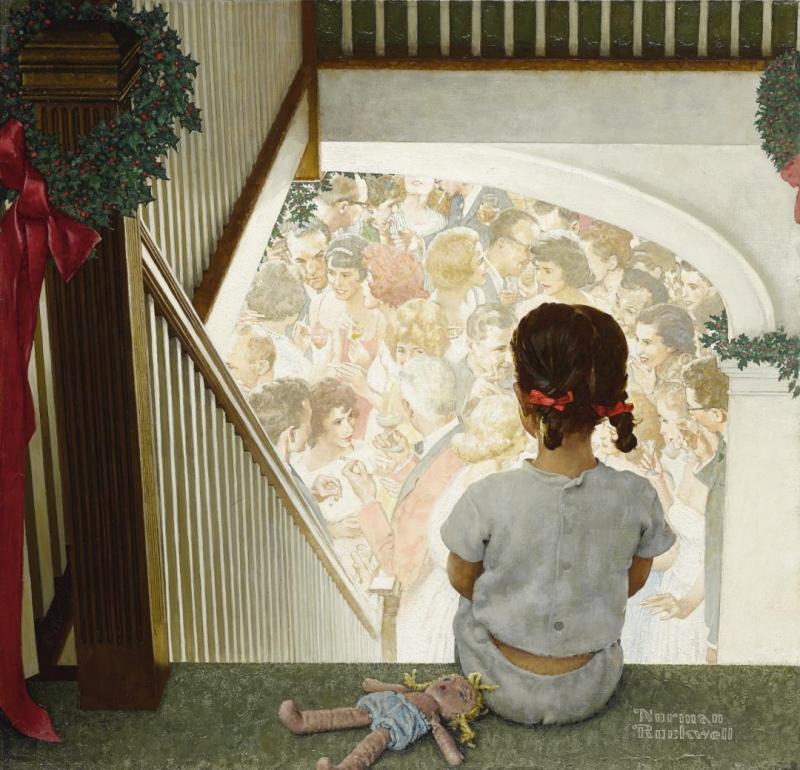 Little Girl Looking Downstairs At Christmas Party, 1964 Artwork by Norman Rockwell