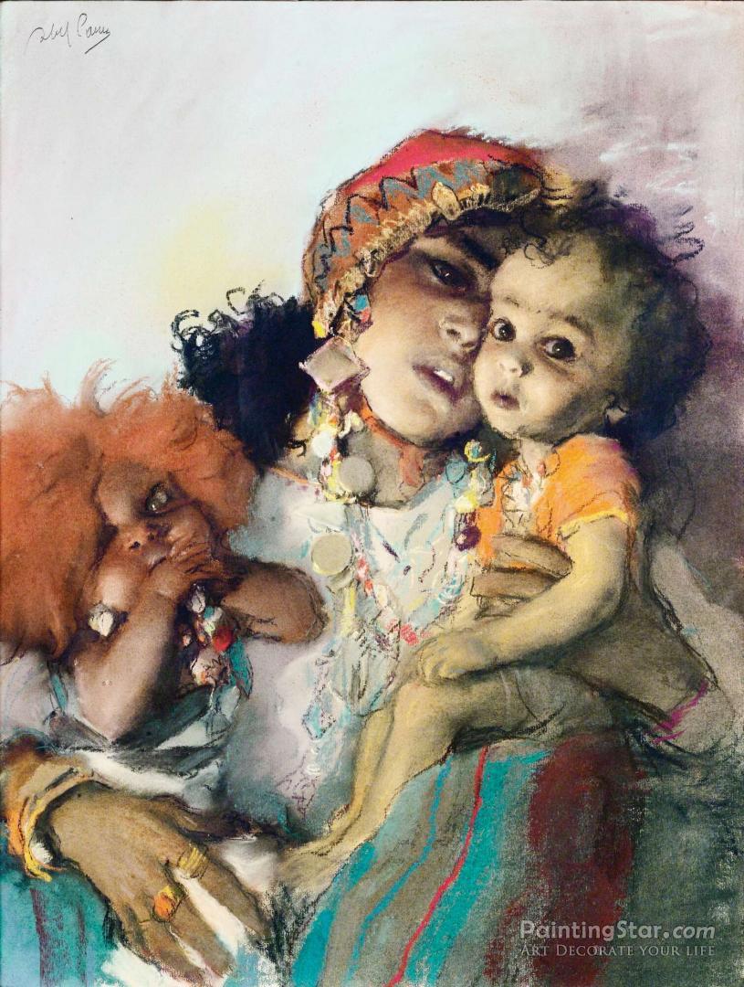 Young Woman With Her Two Children Artwork by Abel Pann