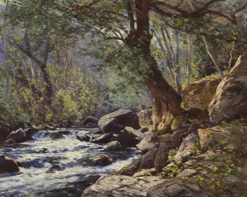A Tranquil Stream In A Forest Interior Artwork by William Wendt