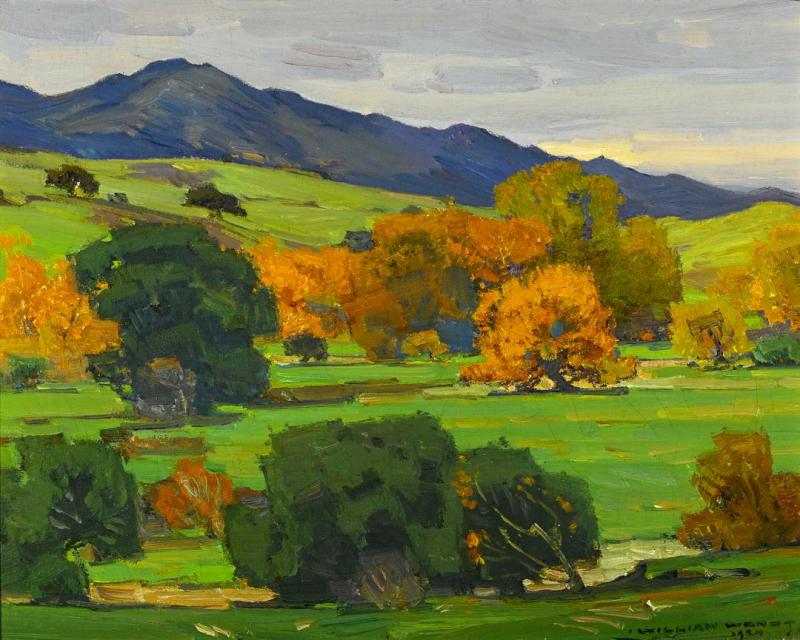 California Landscape Depicting Autumn Oaks On A Rolling Hillside With Mountains Beyond, 1924 Artwork by William Wendt