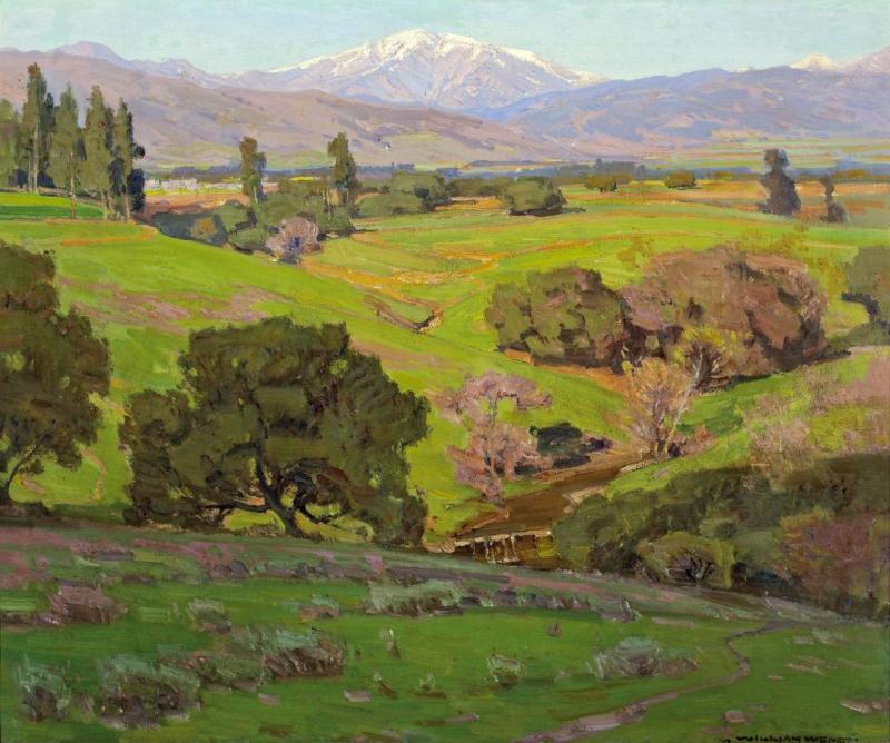 Rolling Hills With A Snow-capped Mountains Beyond Artwork by William Wendt