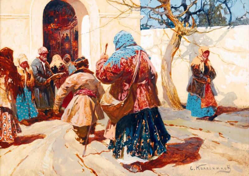 At The Church Door And Washerwoman In Winter Artwork by Stepan Kolesnikov