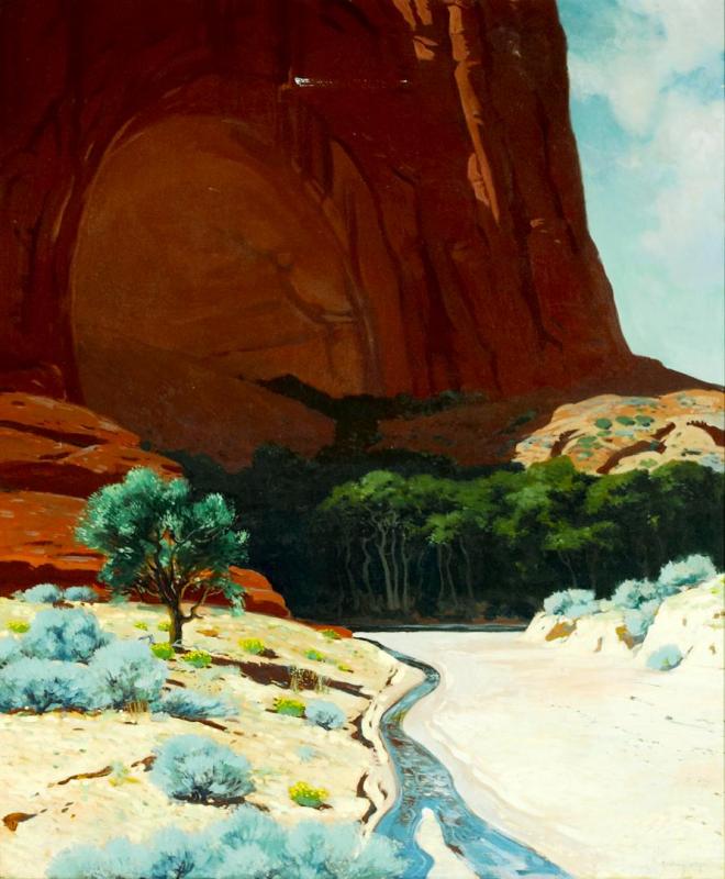 River At The Base Of A Towering Mesa Artwork by James Swinnerton