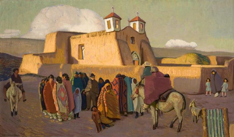 Ranchos Church With Indians Artwork by Ernest Blumenschein
