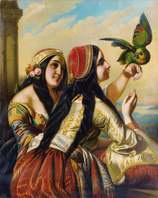 Young Women With A Parrot, 1849 Artwork by Henri-guillaume Schlesinger