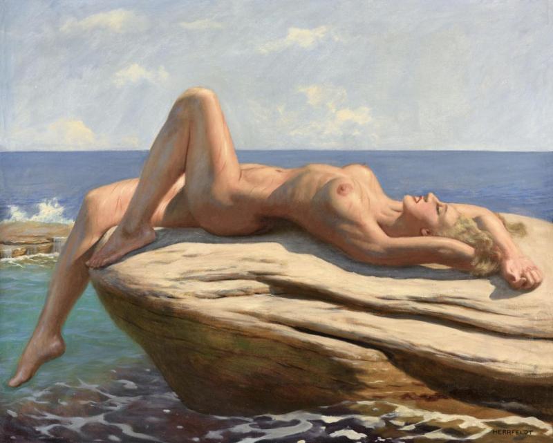 Reclining Nude Beauty Roxana Artwork by Marcel René Herrfeldt