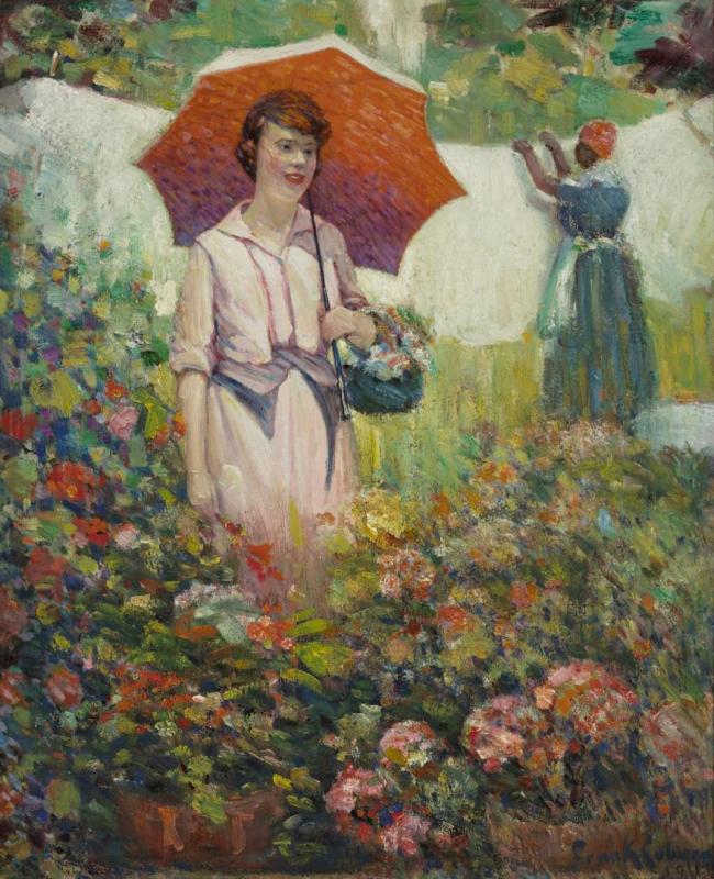 Lady In Pink With A Parasol In A Flower Garden, 1917 Artwork by Frank Coburn