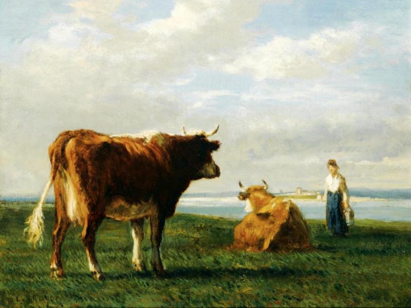 A Cowherdess In A Summer Landscape Artwork by Constant Troyon