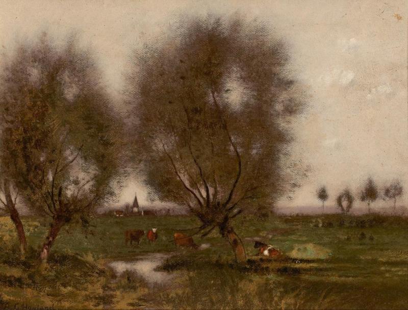 Pastoral Landscape With Cows Resting Artwork by Alfred Cornelius Howland