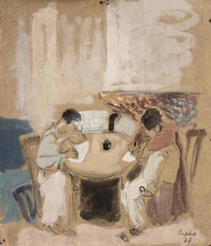 Deux Jeunes écrivant Sur Une Table, 1937 Artwork by Le Pho