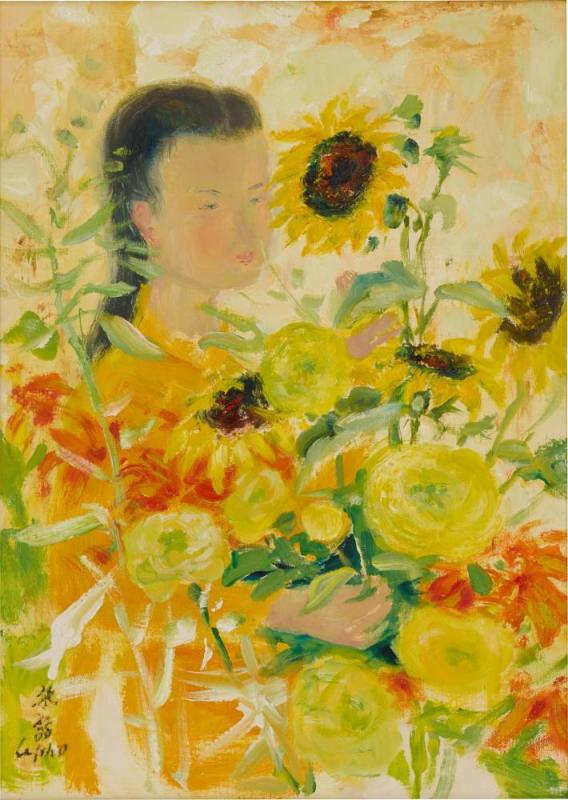 Lady With Sunflowers Artwork by Le Pho
