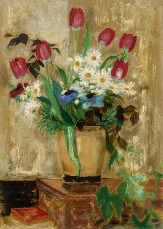 Red Tulips In A Cream Vase Artwork by Le Pho
