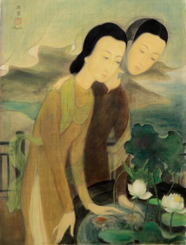 Two Women Overlooking A Goldfiish Pond Artwork by Le Pho