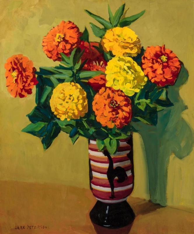 Zinnias In A Rooster Vase Artwork by Jane Peterson