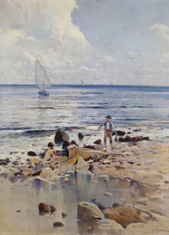 Fisherman On The Beach Artwork by Segundo Matilla Marina