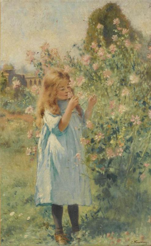 A Little Girl Smelling Mallow And Yarrow Artwork by Konstantin Egorovich Makovsky