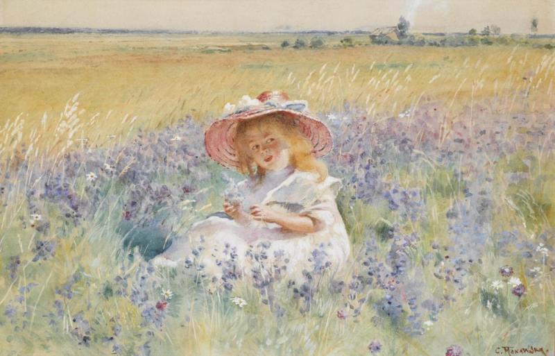A Young Girl In A Field Of Salvia, Oxeye Daisies And Meadow Foxtail Artwork by Konstantin Egorovich Makovsky