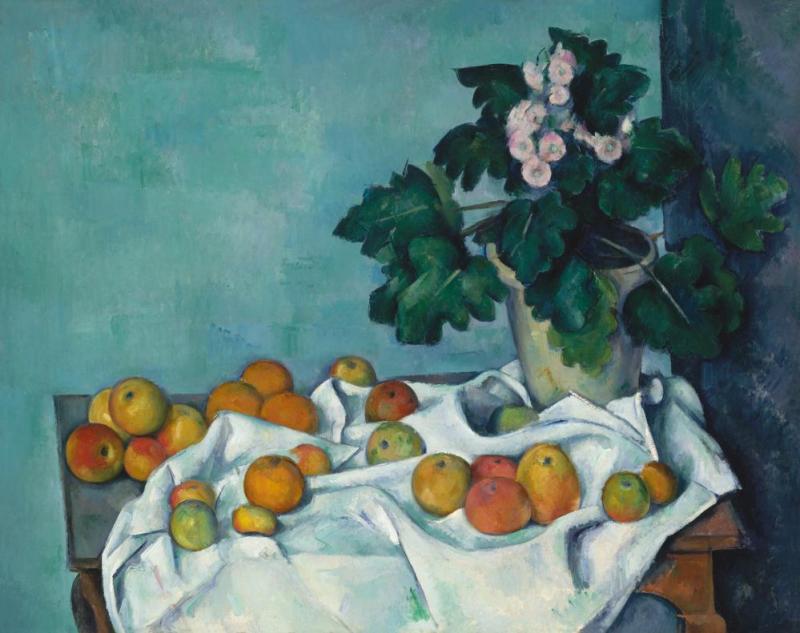 Still Life With Apples And A Pot Of Primroses, Ca. 1890 Artwork by Paul Cezanne
